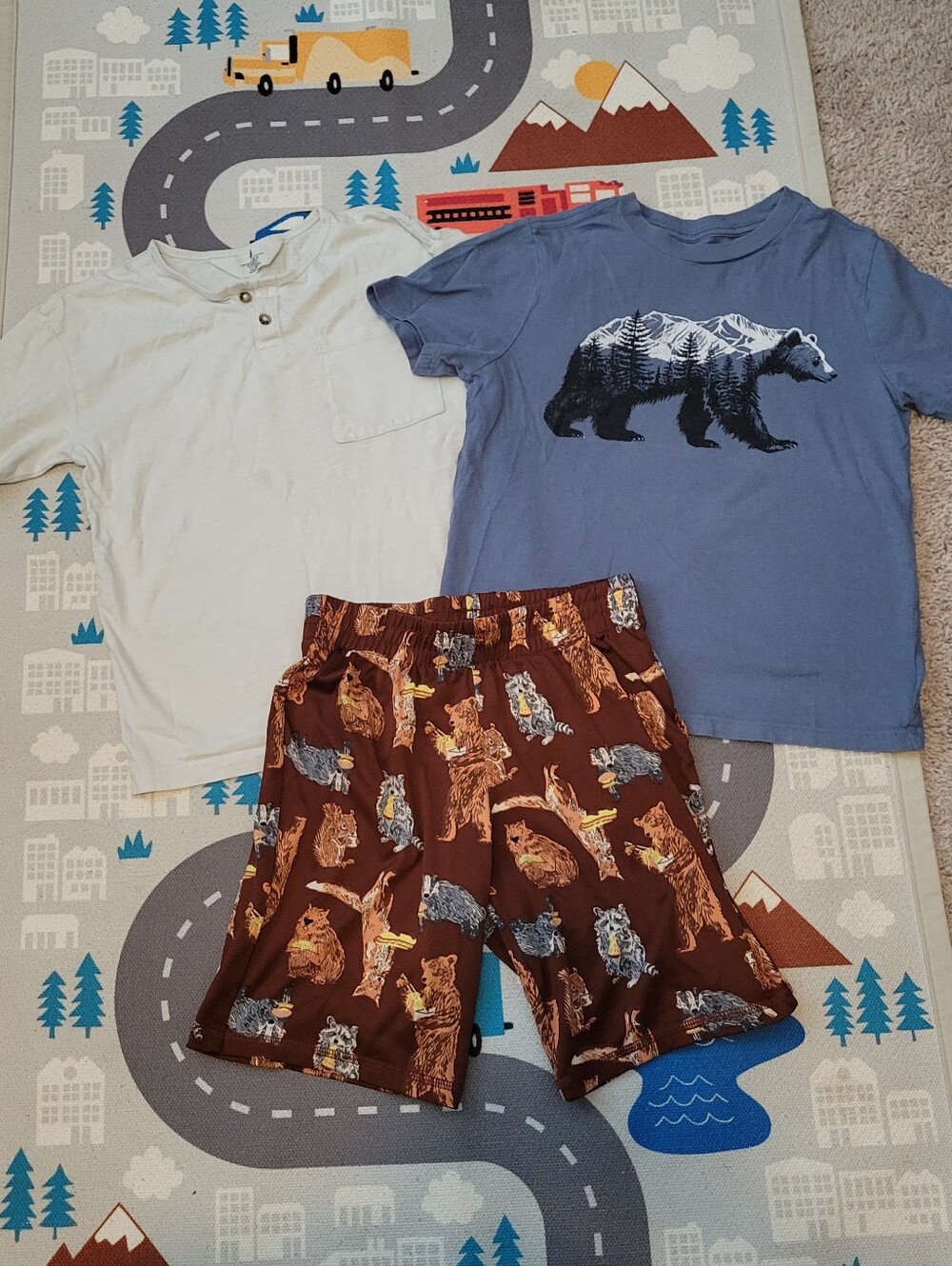 H&M GAP Cat & Jack - Blue Tee, Cream Henley & Brown Animal Shorts